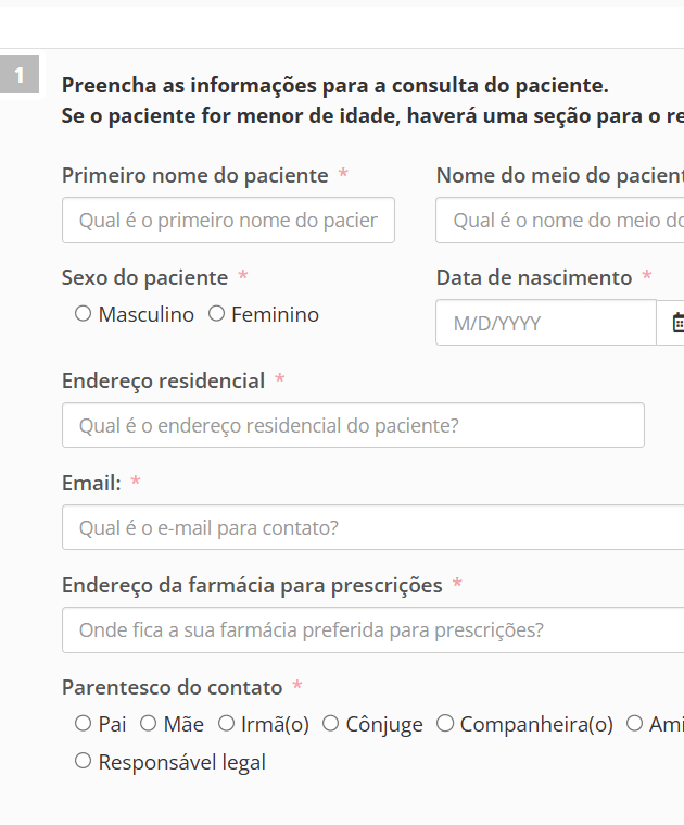 Patient information form in Portuguese with fields for name, sex, birth date, and contact details.