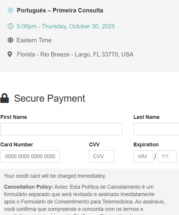 Secure payment form with fields for name, card number, CVV, and expiration.