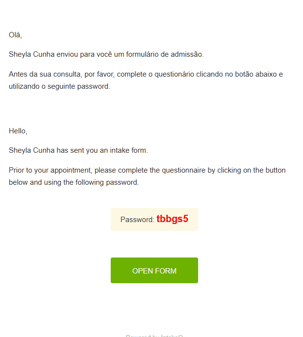 Email message in Portuguese and English with an intake form link and password highlighted in red.