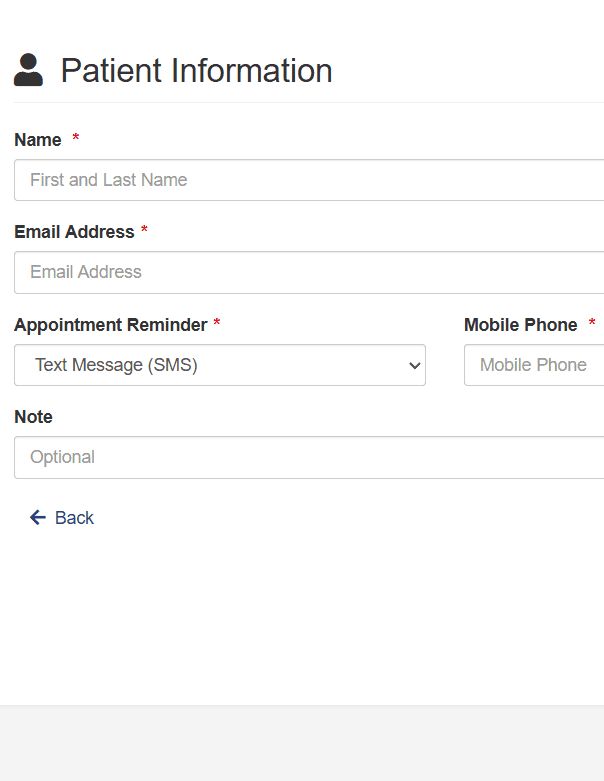Patient information form with fields for name, email, appointment reminder, and mobile phone.